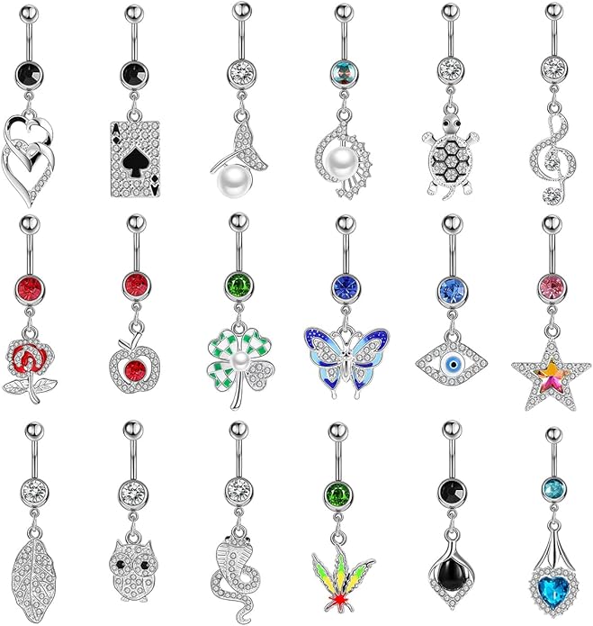 12Pcs-18Pcs Belly Button Ring 14G Dangling Dangle Belly Button Rings Navel Rings Piercing Jewelry for Women
