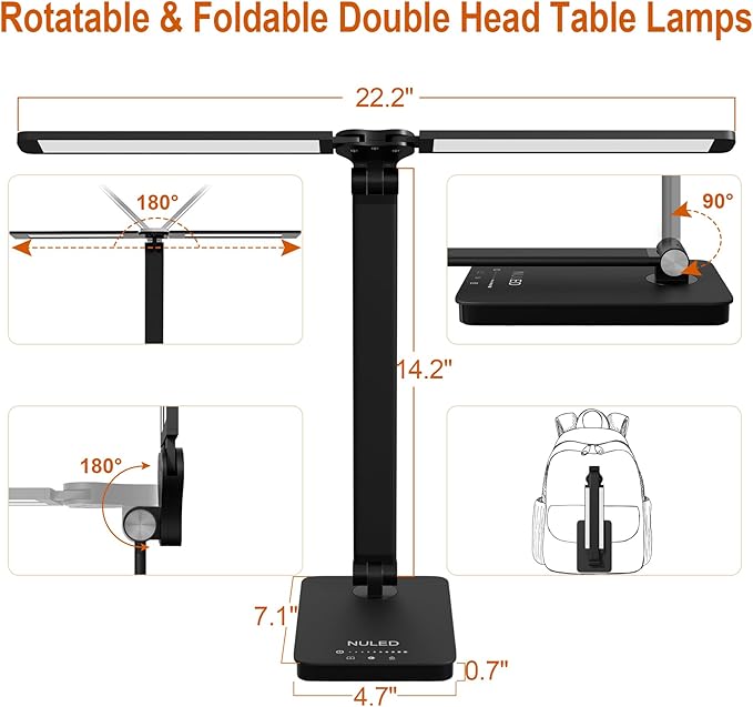 NUNET LED Desk Lamps for Home Office,Piano Lamp for Upright Piano,Rotatable Aluminum Desk Lamps with USB Charging Port,Eye-Caring Reading Light (Glossy Black)