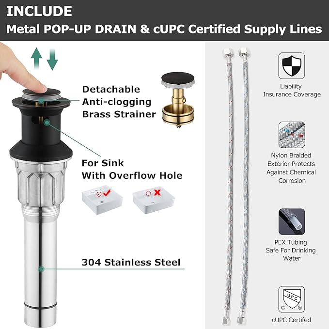 PARLOS Waterfall Spout 2 Handles Bathroom Faucet with Metal Pop-up Drain and Faucet Supply Lines, Oil Rubbed Bronze, Doris 14069