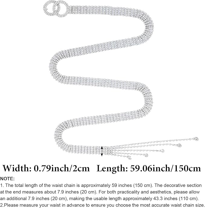 Heliltd Rhinestone Chain Belt with Adjustable Crystal Waistband for Dress Jeans