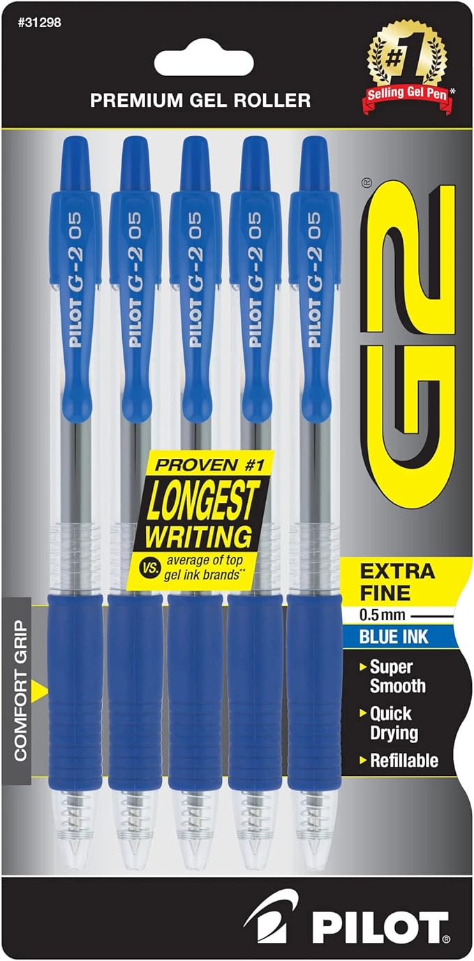 Pilot, G2 Premium Gel Roller Pens, Extra Fine Point 0.5 mm, Pack of 5, Blue