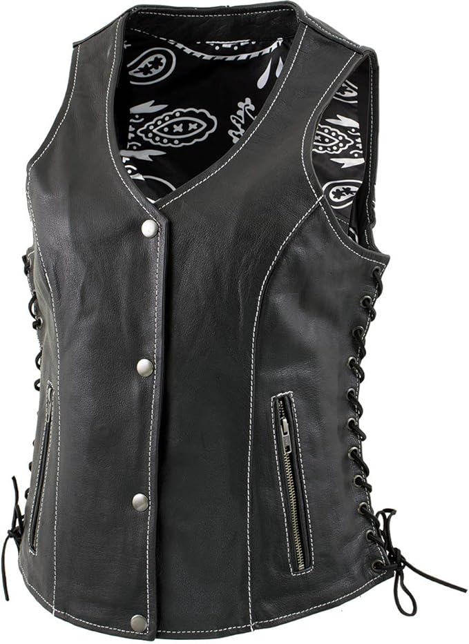 XS1029 Women's 'Paisley' Black Motorcycle Leather Vest with Side Lace Adjustment