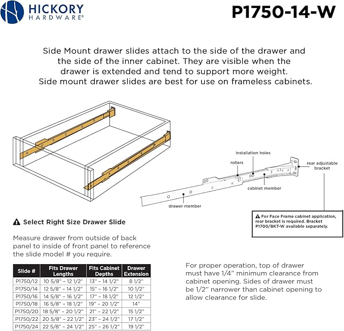 Hickory Hardware Side Mount Cabinet Drawer Slides, Heavy Duty Soft Close, Hardware Kit for Smooth Sliding Track and Full Extension, Perfect for Drawers Kitchen Cabinets, 14 Inch