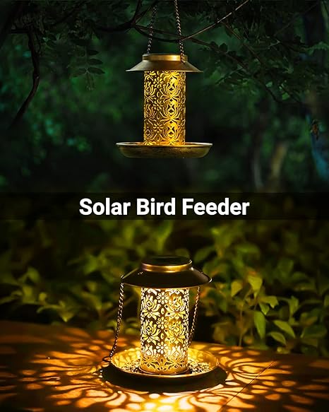 SWEETFULL Solar Bird Feeder for Outdoors Hanging, Metal Wild Bird Feeder for Cardinals Solar Garden Lantern with S Hook as Gift for Bird Lovers (2LBs Heavy Duty birdfeeders)