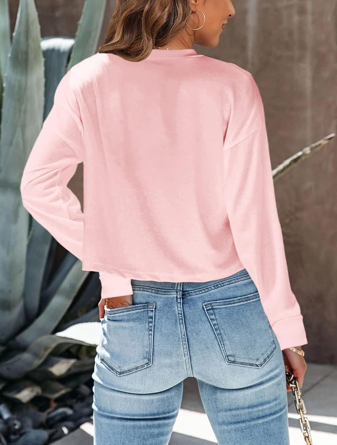 Tankaneo Womens Long Sleeve Crop Tops Oversized Cropped Tshirt | Fall,Loose Fit,Crew Neck,Casual Shirts,Basic Tees