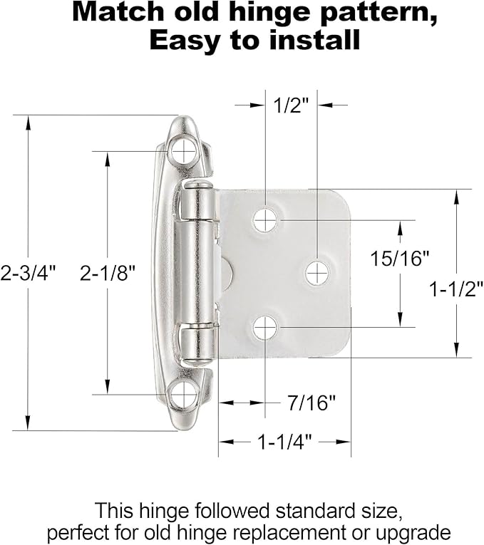 10 Pack (5 Pair) Brushed Satin Nickel Self-Closing Cabinet Hinges for Flush Mount Kitchen Cabinet Door, 1/2" Overlay (Variable) Face Frame Semi-Concealed Hinges