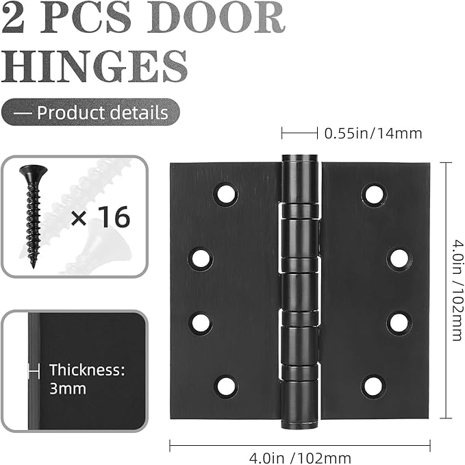 2 Pack Stainless Steel Black Door Hinges, Heavy Duty Door Hardware, 4 x 4 Inch Door Hinge with Ball Bearing, Door Hinges with Square Corners