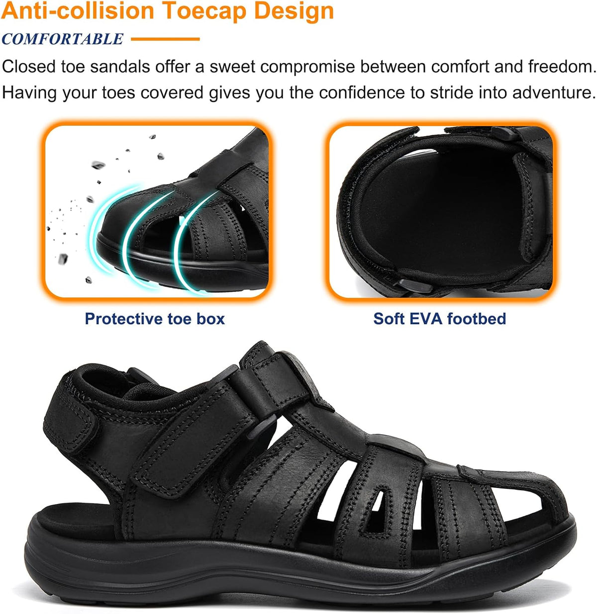Size 13 Men's Sport Sandals Closed Toe Leather Hiking Athletic Walking Outdoor Beach Trail River Fishing Water Shoes Lightweight Comfortable Waterproof