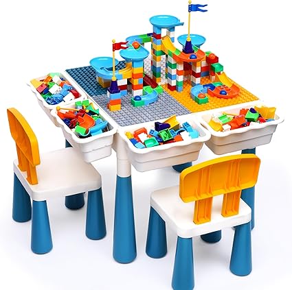 arscniek 7 in 1 Kids Activity Table and Chair Set with 152Pcs Large Marble Run Building Blocks, SandWater Table, Toddler Learning Play Table Toys for Girls Boys Toddler Age 3-7