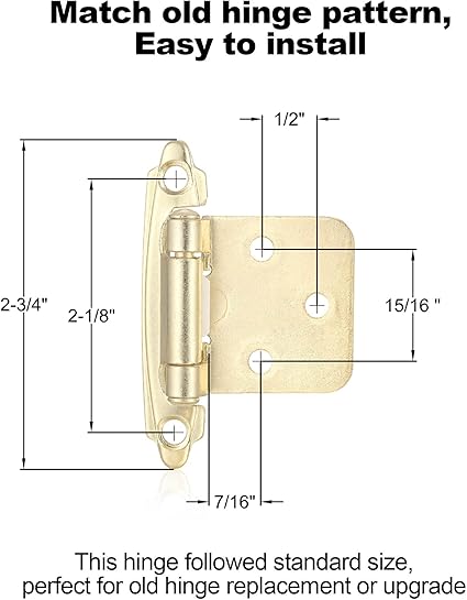 4 Pack (2 Pair) Gold (Brass) Self Closing Cabinet Hinges for Kitchen Cabinet Door, 12" Overlay (Variable) Semi Concealed Kitchen Cabinet Hinges