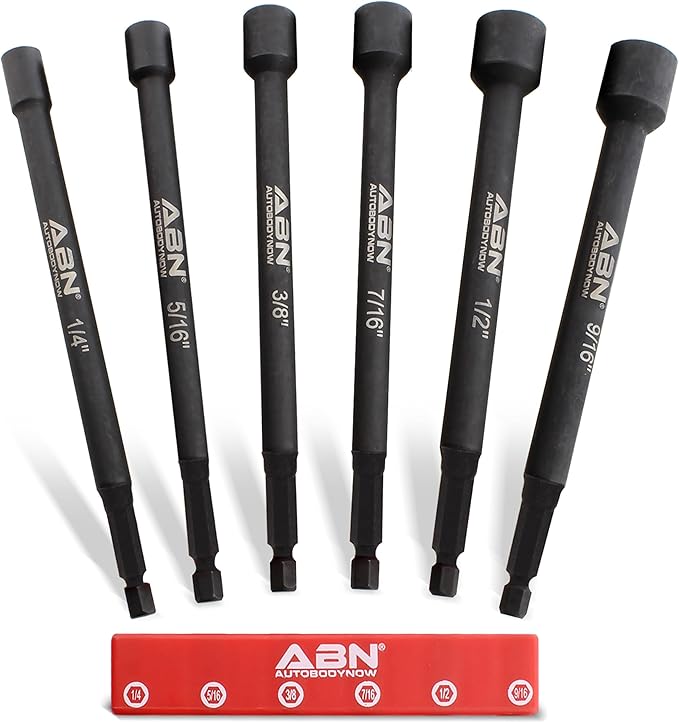 ABN Impact Nut Driver Tool Set - 6pc SAE 6 IN Long Shank Nut Driver Bits Magnetic Tip Sockets, 14 IN Hex Shank