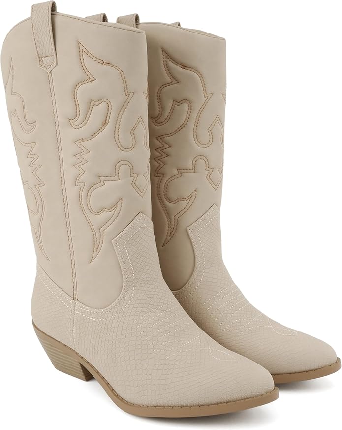 Soda TELLER Women's Western Cowboy Boots with Stitched Detailing, Pointed Toe, and Low Block Heel