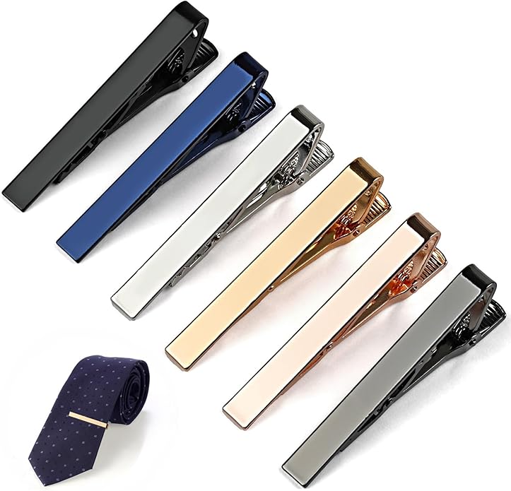 6 Pcs Tie Clips for Men, 6 Classic Colors Shiny & Glossy Tie Bar, Ideal for Father, Husband, Boyfriend, Business, Wedding, Tie Pins with Gift Box