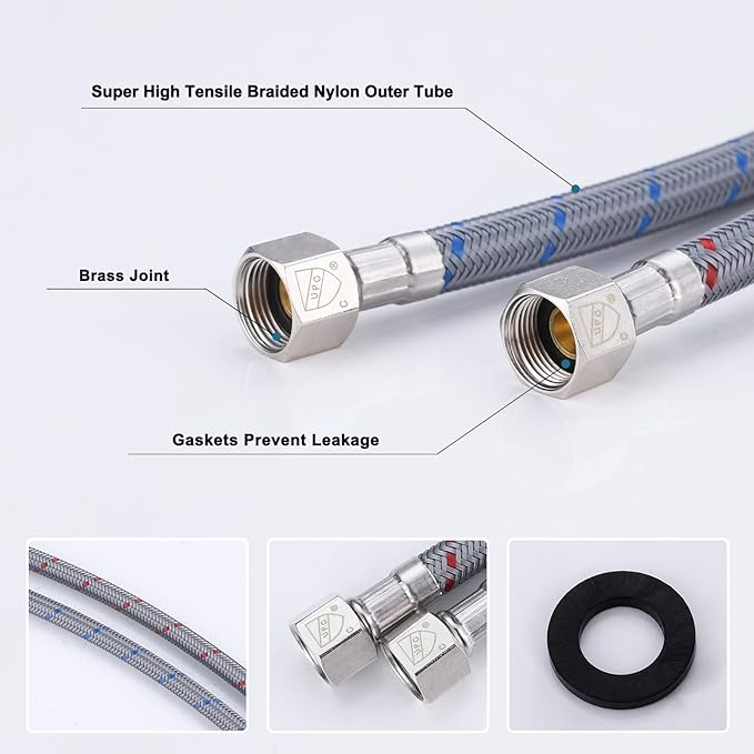 WOWOW 16" Length Faucet Supply Line, Bathroom Kitchen Faucet Lines Braided Nylon Sink Hose,cUPC Faucet Supply Lines 38" Female Compression Thread M10 Male Connector 2Pcs (1 Pair)