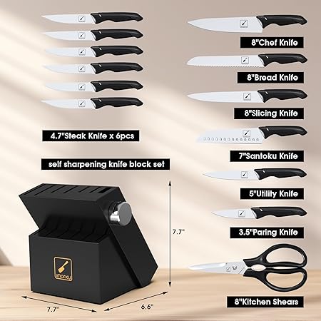 iMarku 14-Piece Professional Knife Set with Built-in Sharpener, Stainless Steel Blades, Non-Slip Ergonomic Handles, Dishwasher Safe, Black