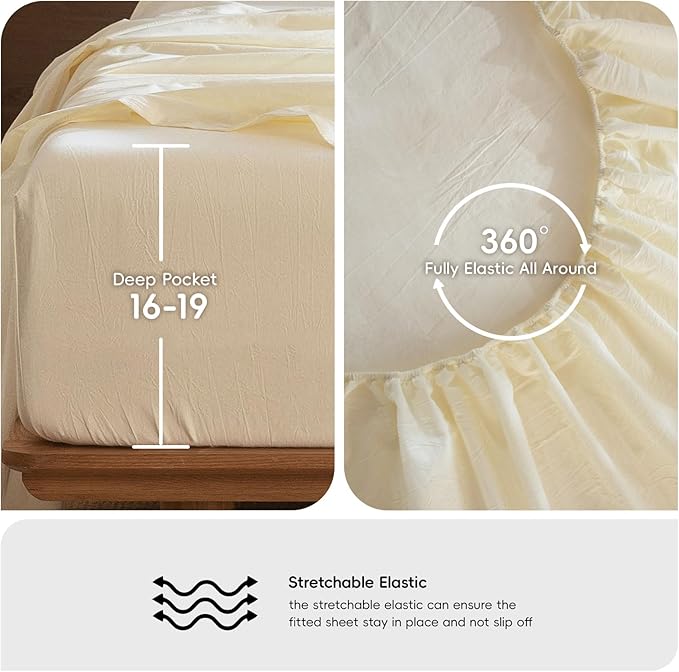 MooMee Bedding Sheet Set 100 Washed Cotton Linen Like Textured Breathable Durable Soft Comfy (Cream White, Queen)