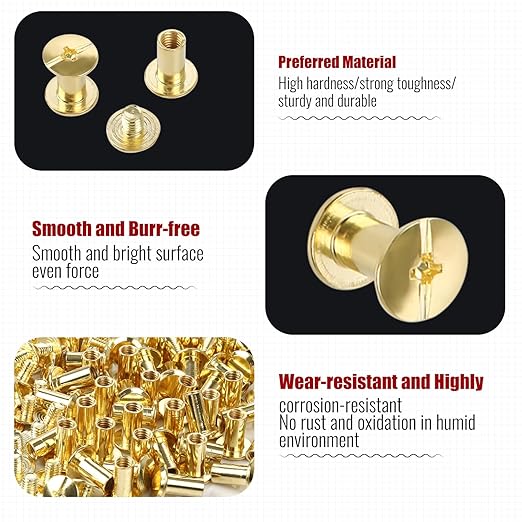 Chicago Binding Screws - 5mm x 10mm Binding Posts - 9.5mm Phillips Nut - Chicago Screw Binding Post Screw Kit for DIY Leather Decoration Scrapbook Photo Albums Bookbinding (Gold, 50 PCS)