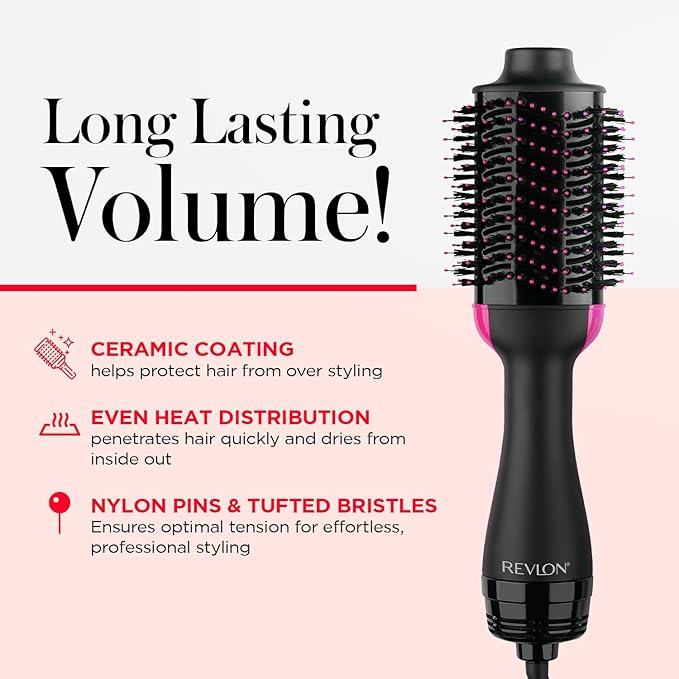 REVLON One-Step Volumizer Hair Dryer and Styler, Improved Motor for Less Frizz, More Shine, and Reduced Heat Damage for Salon Style Round Brush for Blowout(Black)