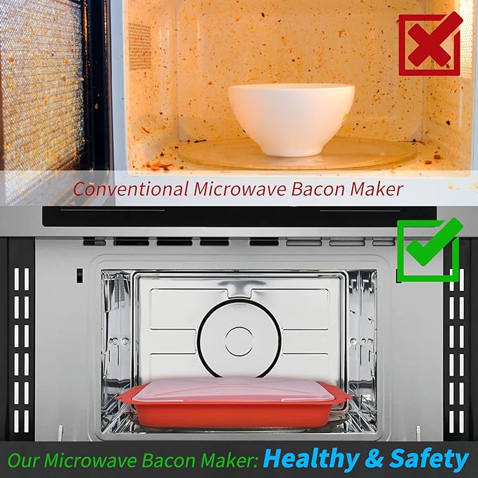 MMUGOOLER Microwave Easy Bacon Maker/Cooker with Lid, Safety, Quick and with No Mess, 11.3" L x 9.0" W x 2.4" H- Red