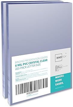Binditek 200 Pack 6 Mil PVC Clear Binding Covers, 8.5 x 11 Inches, Letter Size, Square Corners, Un-Punched, Office Supplies