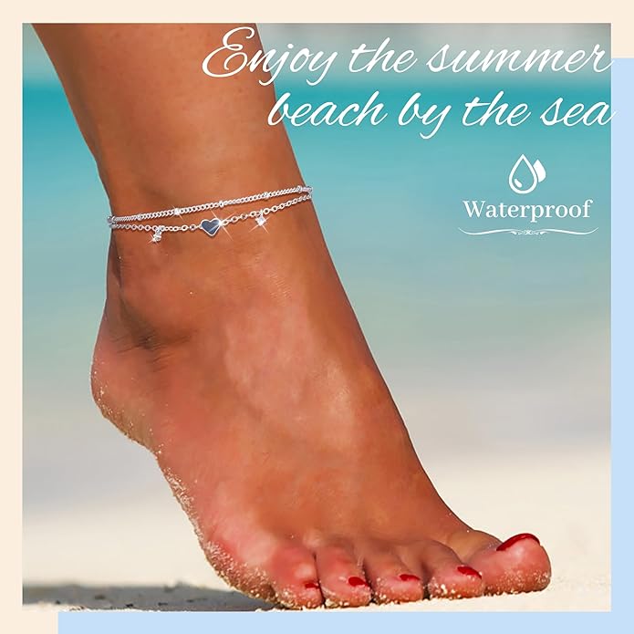 Sterling Silver Anklet Bracelets for Women Waterproof, 925 Sliver Plated CZ Heart Charm Dainty Layer Anklets for Women Trendy, Simple Chain Anklets Set Gifts for Women, Jewelry Gifts for Her Women Mom Wife Girlfriend