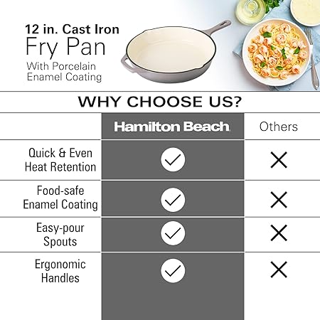 Hamilton Beach Enameled Cast Iron Fry Pan 12-Inch Gray, Cream Enamel coating, Skillet Pan For Stove top and Oven, Even Heat Distribution, Safe Up to 400 Degrees, Durable