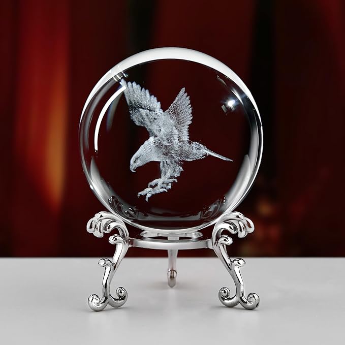 3D Engraved Eagle Crystal Ball with Stand Laser Etched Glass Eagle Figurine Carving Crystal Sphere Paperweight(2.4 in)