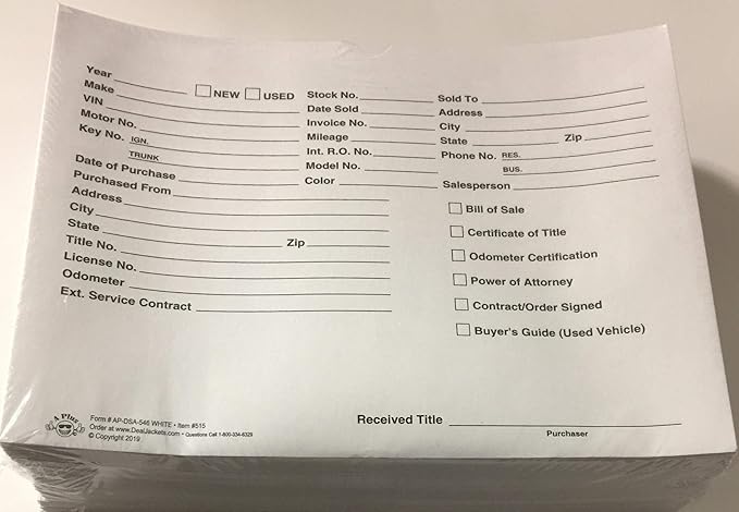 Vehicle Deal Jacket - Car Sales Envelope - White (P6) (100)