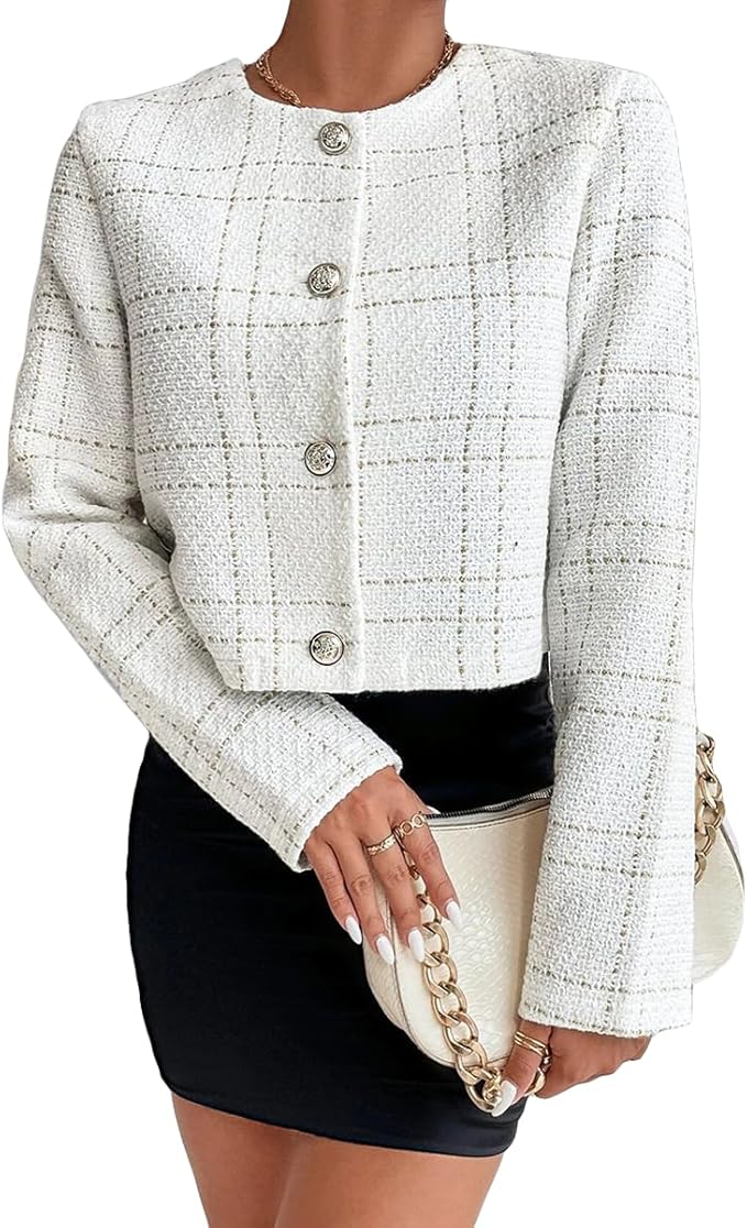 2025 Women's Spring Cropped Blazer Jacket Tweed Plaid Open Front Collarless Casual Business Office Suit Pockets