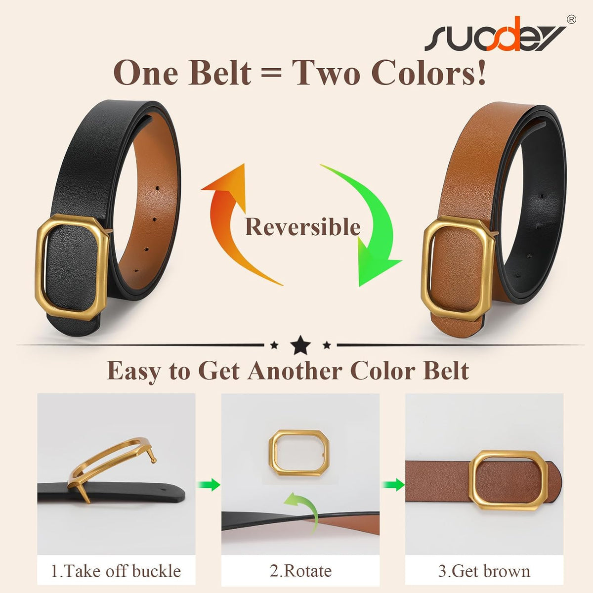 SUOSDEY Women Reversible Leather Belt for Jeans Pants Dresses Ladies Waist Belt, 1.3" Width Fits Waist Size from 38"