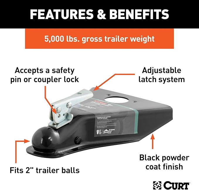CURT 25210 Black A-Frame Trailer Coupler, 2-Inch Hitch Ball, 5,000 lbs, GLOSS BLACK POWDER COAT