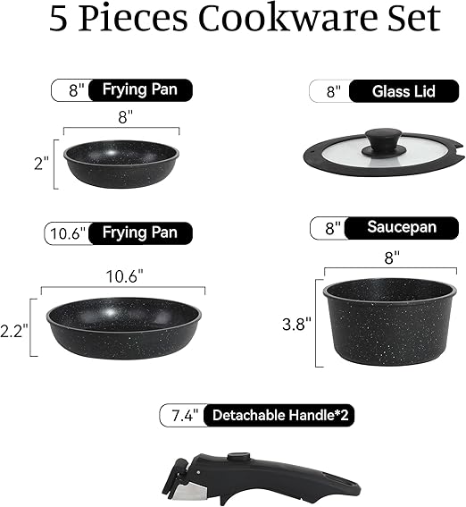 5PCS Pots and Pans Set Non Stick, Kitchen Cookware Sets with Detachable Handle, Ceramic Cookware Sets, Non Stick RV Cookware Cooking Set, Dishwasher & Oven Safe, PFOA Free, Black