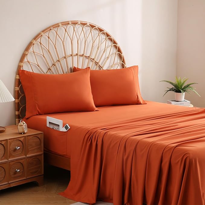 JSD Burnt Orange Queen Sheet Set with Side Pocket Corner Straps, 4 Piece Soft Microfiber Bed Sheets Extra Deep Pocket