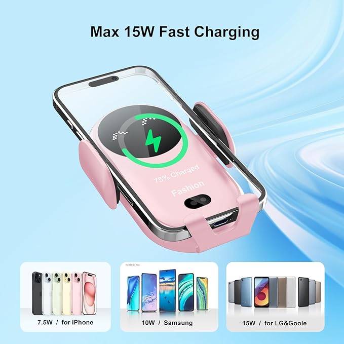 Wireless Car Charger Mount,MAX 15W Qi Fast Charger, Wireless Car Charger Air Vent, Automatic Clamping Phone Holder for iPhone 1615141312 ProPro Max, Samsung S22S21S20Note 20, etc(Pink)
