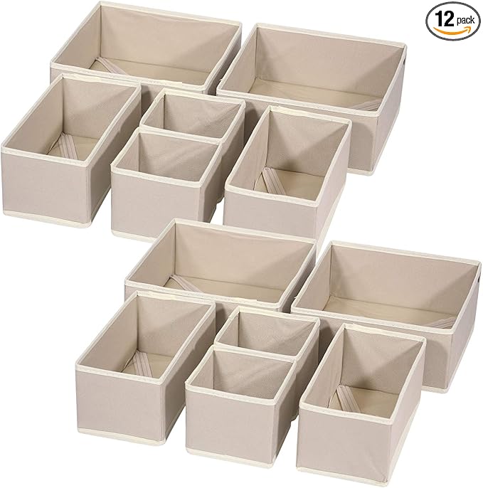 DIOMMELL 12 Pack Foldable Cloth Storage Box Closet Dresser Drawer Organizer Fabric Baskets Bins Containers Divider for Clothes Underwear Bras Socks Lingerie Clothing, Beige 444