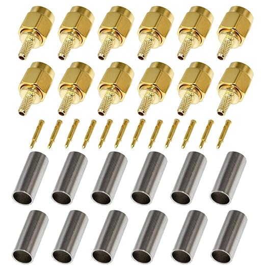 12-Pack SMA Male Crimp Straight Connector, Coax Adapter for RG188 RG178 RG316 RG174A-U/LMR100A/RFC100A Cables