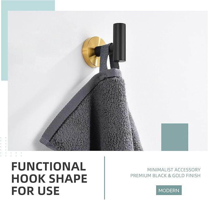 Angle Simple Towel Hook Black Gold, Stainless Steel Bathroom Towel Holder, Round Clothing Robe Hook Wall Mount