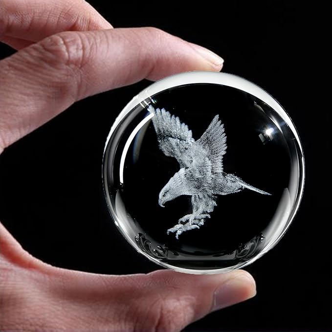 3D Engraved Eagle Crystal Ball with Stand Laser Etched Glass Eagle Figurine Carving Crystal Sphere Paperweight(2.4 in)
