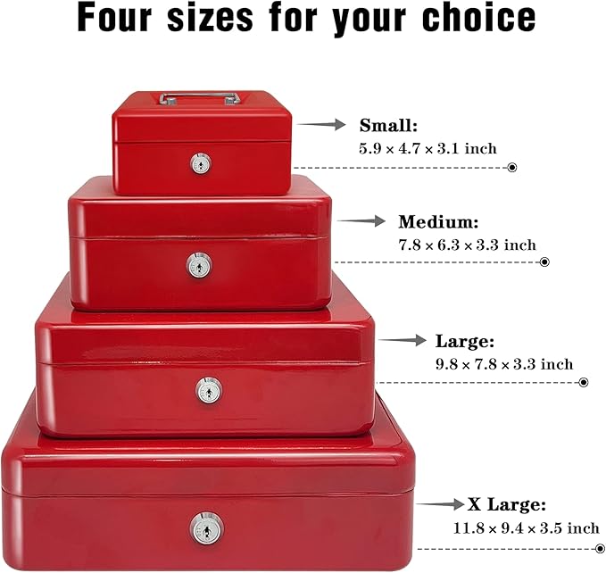 Steel Cash Box with Key Lock, Metal Small Money Organizer with Money Tray,Cash Storage Box with Lockable Cover (Red - 12 inch)