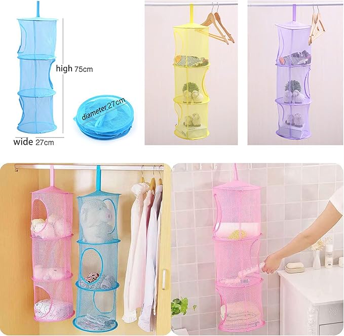 Mesh Hanging Storage Basket With 3 Compartments Foldable Hanging Storage Organizer Net Bag for Toys Storage, Space Saver Sundries Clothes Bra Underwear Socks Drying Basket Laundry Hamper (Pink)