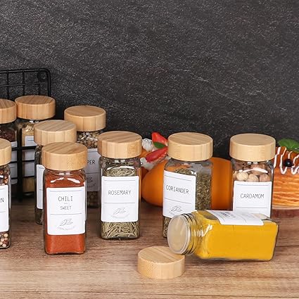 36 Pack 4 oz Glass Spice Jars with Bamboo Lids, Empty Square Spice Containers with 319 BlankPrinted Spice Labels, Collapsible Funnel for Kitchen Cabinet, Spice Rack