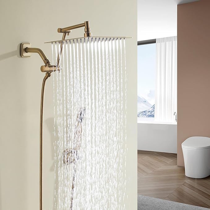10 Inch (25CM) Square Rainfall Shower Head, 304 Stainless Steel, Ultra Thin Pressure Boosting High Pressure Rain Bathroom Rainfall Showerhead Wallceiling Installation,Matte Brushed Gold