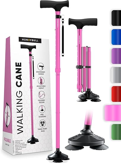 HONEYBULL Walking Cane for Men Women - Foldable, Adjustable, Collapsible, Free Standing Cane, Pivot Tip, Heavy Duty Walking Sticks, Folding Canes for Seniors Adults Pink