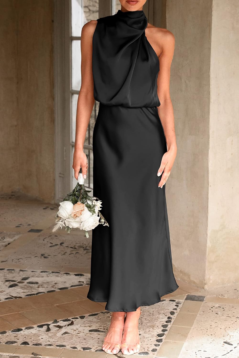 Women's 2026 Summer Satin Dress Elegant Sleeveless Mock Neck Cocktail Party Maxi Dresses