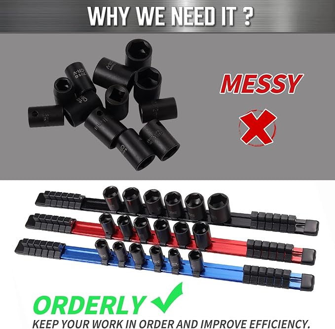 ALOANES 14-Inch Drive Aluminum Alloy Socket Organizer, Heavy Duty Socket Racks, Socket Holder Kit 14-Inch x 24 Clips (Black)