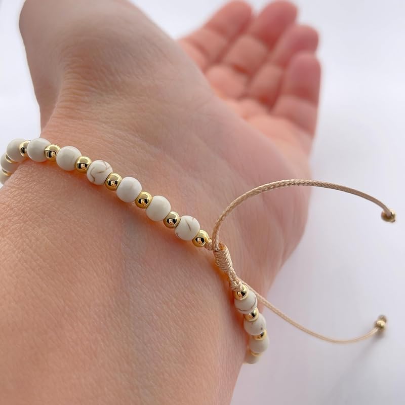 St Michael Archanel Coin and Natural Round White Turquoise Beads Adjustable Bracelet for Women (White Turquoise)