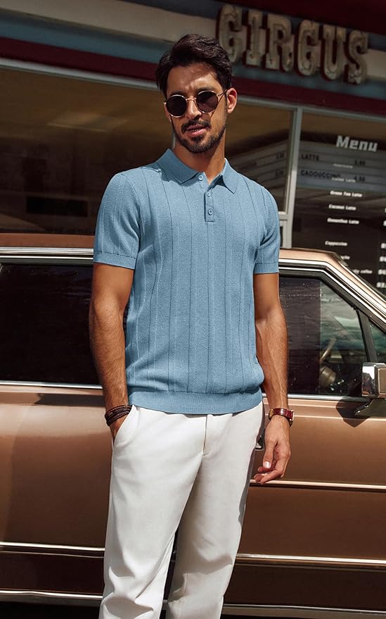 PJPAUL JONES Mens Polo Shirts Short Sleeve Textured Knit Polo Shirt Ribbed Casual Golf Shirts