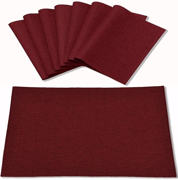 Cloth Placemats Set of 8, Linen Type Fabric Placemats Machine Washable Placemats Heat Resistant Placemats Wrinkle Free Thick Polyester Kitchen Place Mats for Dining Table (Burgundy)