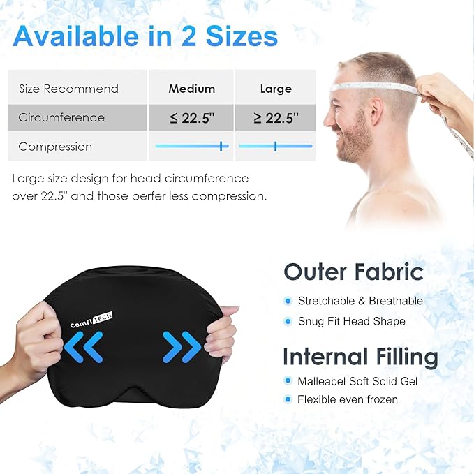 ComfiTECH Head Ice Pack Wrap Cold Cap Cooling Gel Hat, Large, Black
