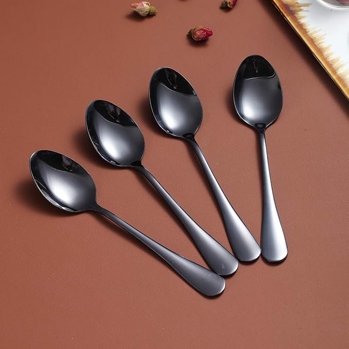 Black Teaspoons 6.5" Set of 4, Berglander Stainless Steel Titanium Plating Shiny Black Tea Spoons Silverware, Tea Spoon Small Dessert Spoon Teaspoon Sturdy And Easy To Clean Dishwasher Safe